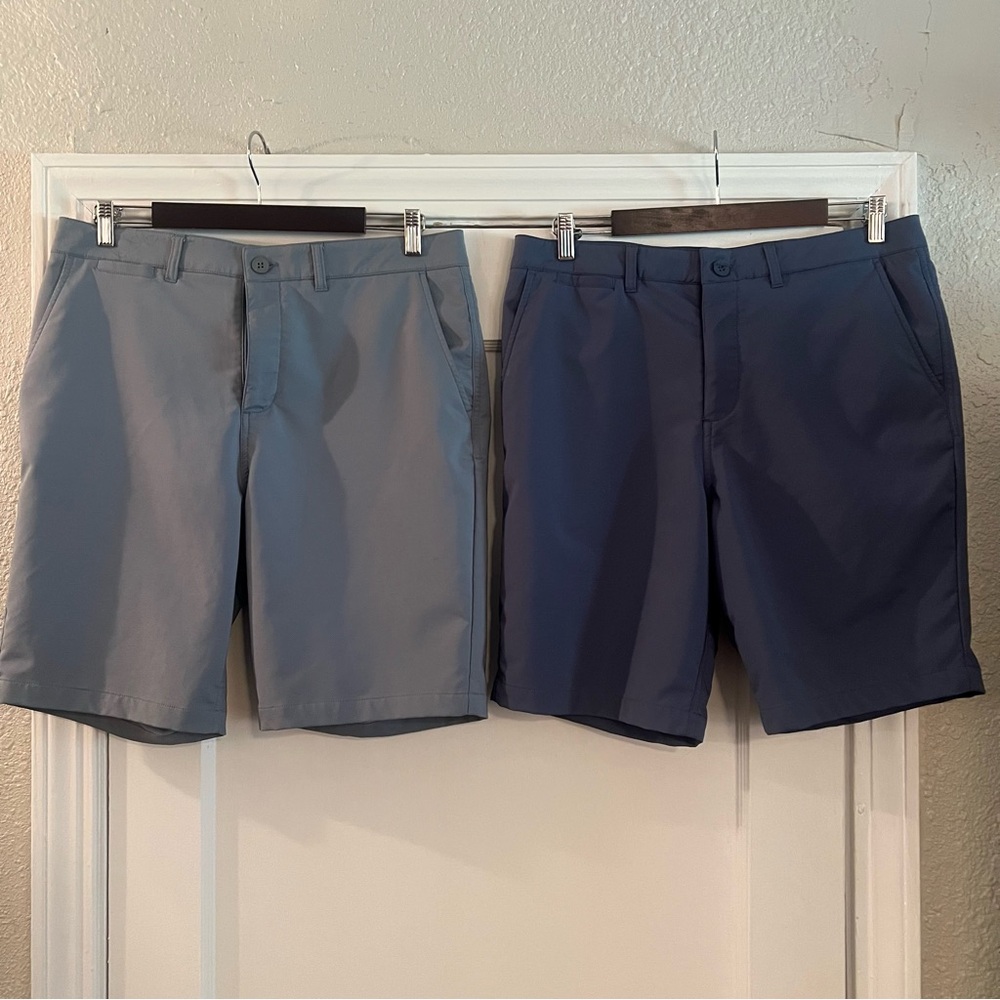 Johnnie-O Golf Shorts 2 Pair Men’s Waist 34. Grey and blue.